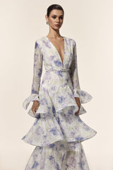 Rachel White Floral Maxi Dress with Deep-V Neckline and Flared Sleeves for Women