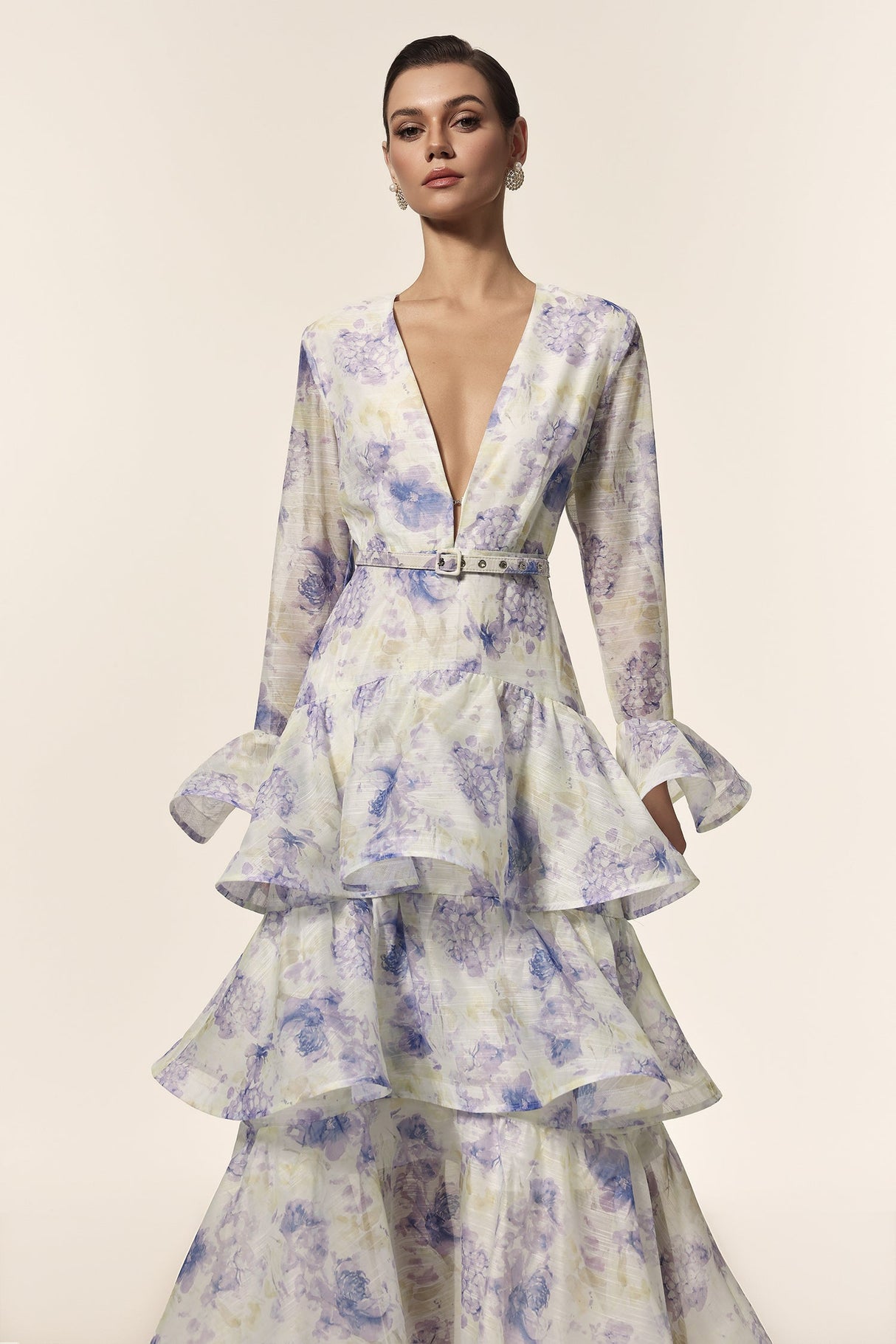 Rachel White Floral Maxi Dress with Deep-V Neckline and Flared Sleeves