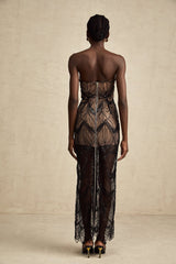 Raegan Maxi Dress - Strapless Black Corset with Sequins - Beads & Mesh Overlay