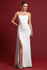 Raegan White Maxi Dress Sleek Silhouette Sophisticated Neckline Pleated Detailing Side Slit Fit Feel Wedding Gala Formal Occasions Evening Events High Quality Materials