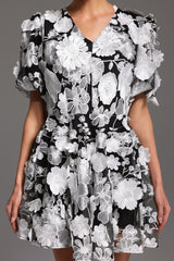 Raffaela Black Floral Mini Dress V-neck Puff Sleeves Flared Skirt