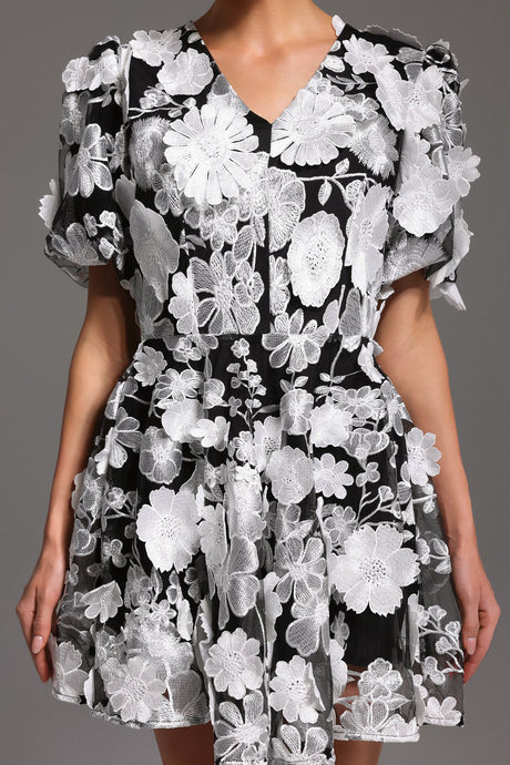 Raffaela Black Floral Mini Dress V-neck Puff Sleeves Flared Skirt