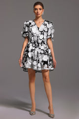 Raffaela Black Floral Mini Dress with V-Neckline and Puff Sleeves