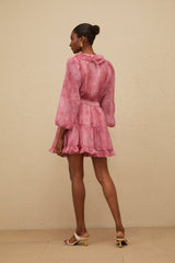 Raffaela Blouse & Skirt - Fuchsia - Textured Finish - Ruffled Trim - Self - Tie Design - Elasticated Waistband
