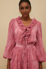 Raffaela Blouse & Skirt - Fuchsia - Textured Finish - Ruffled Trim - Self - Tie Design - Elasticated Waistband