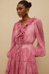 Raffaela Blouse & Skirt - Fuchsia - Textured Finish - Ruffled Trim - Self - Tie Design - Elasticated Waistband
