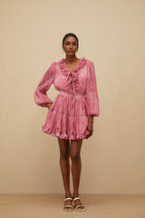 Raffaela Blouse & Skirt - Fuchsia - Textured Finish - Ruffled Trim - Self - Tie Design - Elasticated Waistband