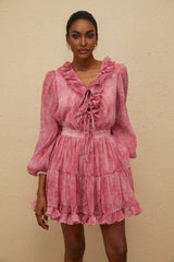 Raffaela Blouse & Skirt - Fuchsia - Textured Finish - Ruffled Trim - Self - Tie Design - Elasticated Waistband