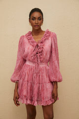 Raffaela Blouse & Skirt - Fuchsia - Textured Finish - Ruffled Trim - Self - Tie Design - Elasticated Waistband