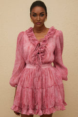 Raffaela Blouse & Skirt - Fuchsia - Textured Finish - Ruffled Trim - Self - Tie Design - Elasticated Waistband