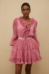Raffaela Blouse & Skirt - Fuchsia - Textured Finish - Ruffled Trim - Self - Tie Design - Elasticated Waistband