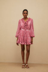 Raffaela Blouse & Skirt - Fuchsia - Textured Finish - Ruffled Trim - Self - Tie Design - Elasticated Waistband