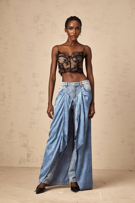 Raffaela Denim Jeans Blue Layered Panel & Draped Design