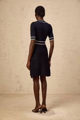 Raffaella Mini Dress Navy Blue Glitter Knit Epaulet Cinched Waist Gold Buttons