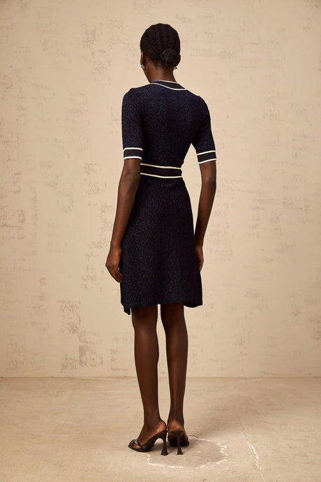 Raffaella Mini Dress Navy Blue Glitter Knit Epaulet Cinched Waist Gold Buttons