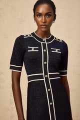 Raffaella Mini Dress Navy Blue Glitter Knit Epaulet Cinched Waist Gold Buttons