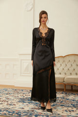 Raphaëlle Black Lace Panel Satin Maxi Dress