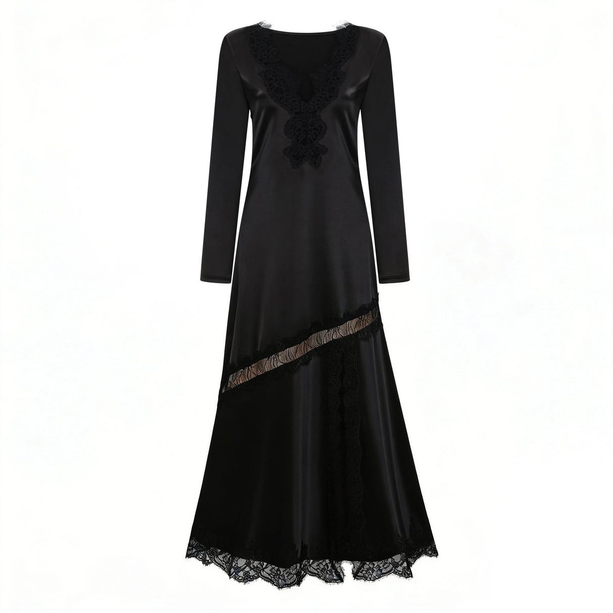 Raphaëlle Black Lace Panel Satin Maxi Dress