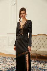 Raphaëlle Black Lace Panel Satin Maxi Dress