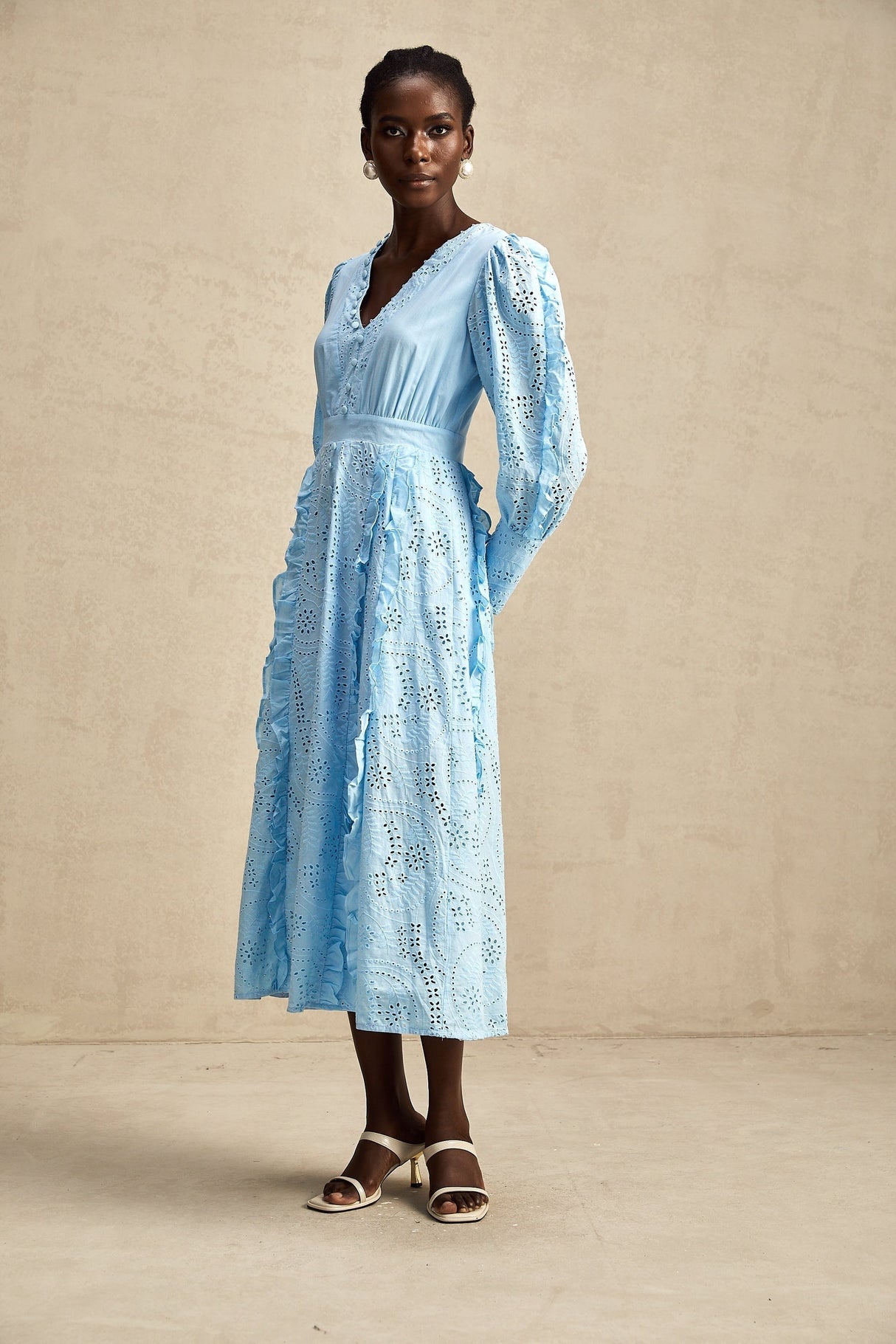 Raphaëlle blue openwork ruffled midi dress