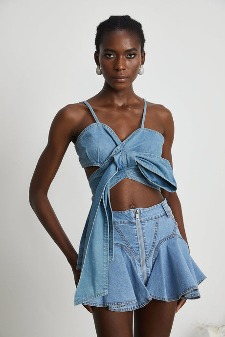 Raven Denim Top Sweetheart Bow Detail Cropped