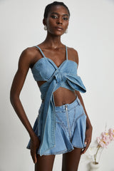 Raven Denim Top Sweetheart Bow Detail Cropped