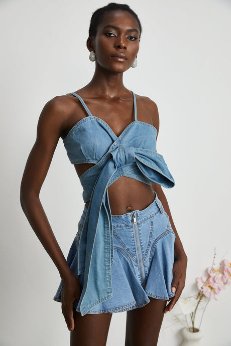 Raven Denim Top Sweetheart Bow Detail Cropped