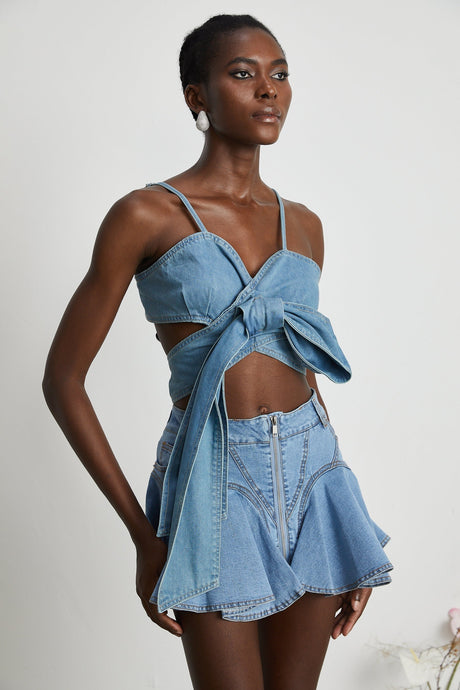 Raven Denim Top Sweetheart Bow Detail Cropped