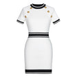 Raven Dress - Bodycon Silhouette - Nautical - Inspired Design - Stretch - Knit Sculpted Fit - Gold - Tone Embossed Buttons