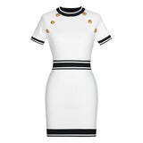 Raven Dress - Bodycon Silhouette - Nautical - Inspired Design - Stretch - Knit Sculpted Fit - Gold - Tone Embossed Buttons