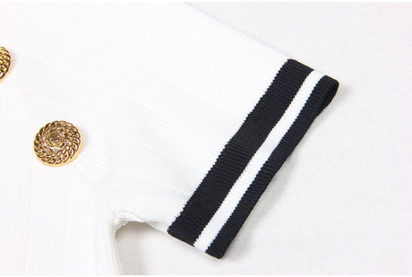 Raven Dress - Bodycon Silhouette - Nautical - Inspired Design - Stretch - Knit Sculpted Fit - Gold - Tone Embossed Buttons