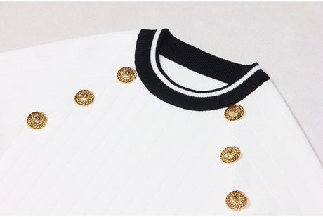 Raven Dress - Bodycon Silhouette - Nautical - Inspired Design - Stretch - Knit Sculpted Fit - Gold - Tone Embossed Buttons