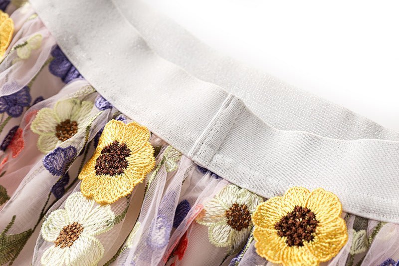 Raven Floral Embroidered A - Line Skirt - Flowing Drape - High - Waisted Fit - Delicate Details - Bohemian Elegance