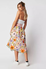 Raven Floral Embroidered A - Line Skirt - Flowing Drape - High - Waisted Fit - Delicate Details - Bohemian Elegance
