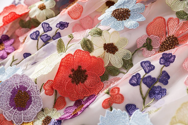 Raven Floral Embroidered A - Line Skirt - Flowing Drape - High - Waisted Fit - Delicate Details - Bohemian Elegance