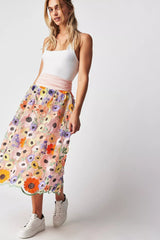 Raven Floral Embroidered A - Line Skirt - Flowing Drape - High - Waisted Fit - Delicate Details - Bohemian Elegance