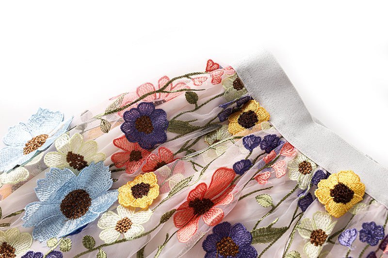 Raven Floral Embroidered A - Line Skirt - Flowing Drape - High - Waisted Fit - Delicate Details - Bohemian Elegance