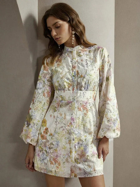 This enchanting floral dress features a delicate, pastel palette with intricate blooms, perfect for any spring occasion. The.