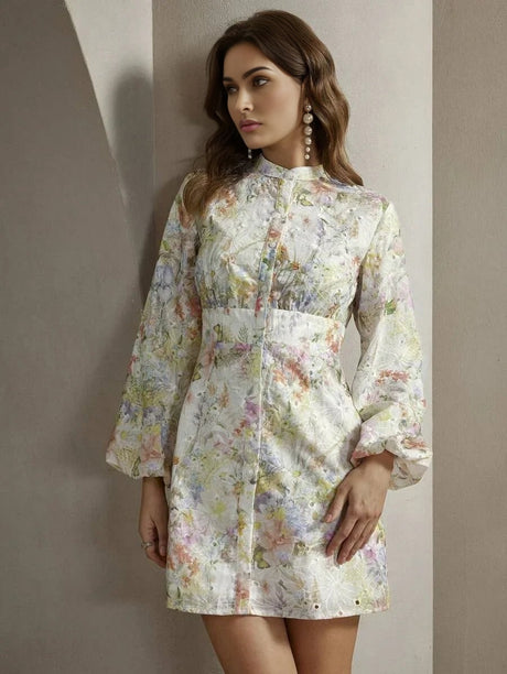 This charming floral dress features a soft, pastel color palette with shades of pink, yellow, and green, perfect for a.