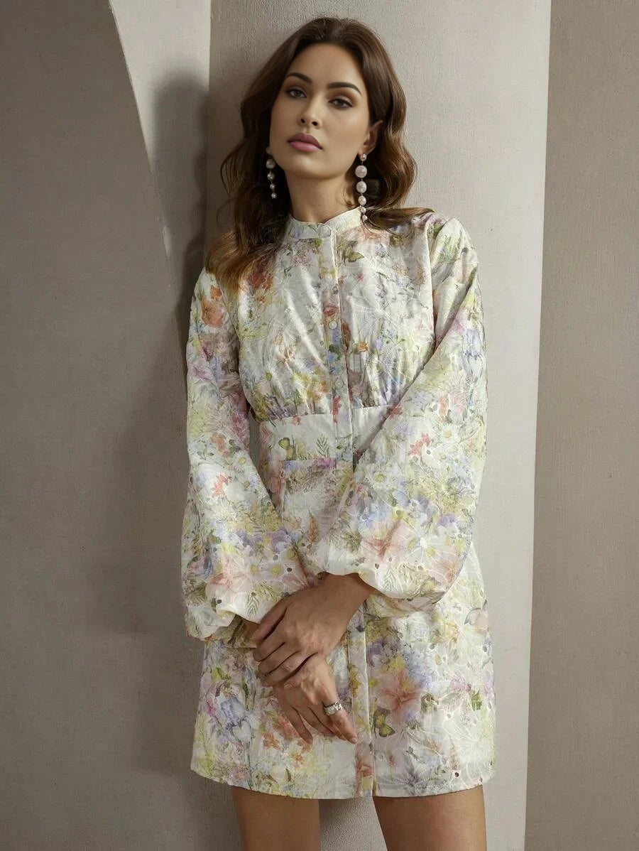 This enchanting floral dress features a delicate pastel palette with shades of purple, pink, and green, perfect for.