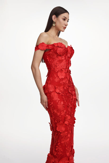 Raven Red Floral Embroidered Off-Shoulder Maxi Dress