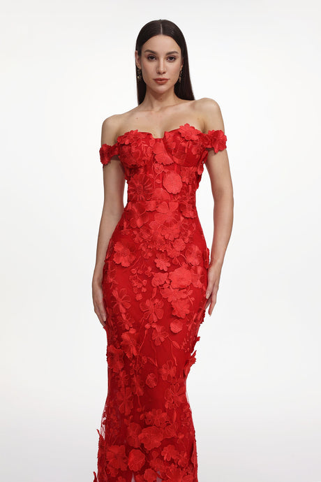 Raven Red Off-Shoulder Floral Embroidered Maxi Dress
