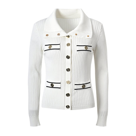 Raven Top – Fitted Ribbed Knit – Collared Design – Gold Button Accents – Decorative Pockets – Tailored Silhouette – Stretch Fabric