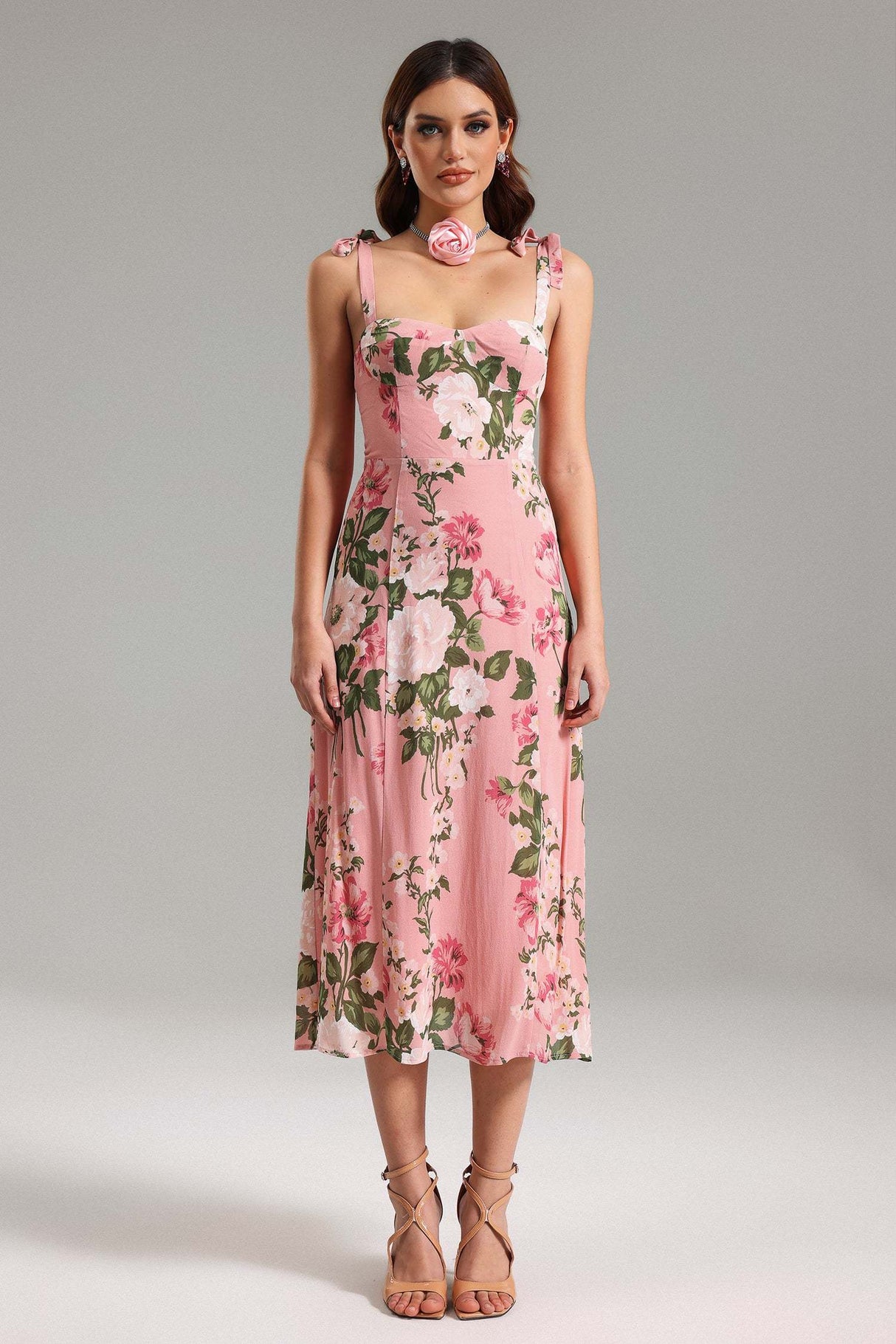 Reagan Pink Floral Midi Dress with Delicate Straps and Bows
