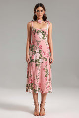 Reagan Pink Floral Midi Dress with Delicate Straps and Bows