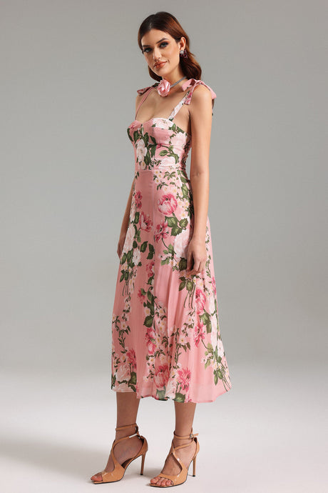 Reagan Pink Floral Midi Dress with Bow Straps for Women
