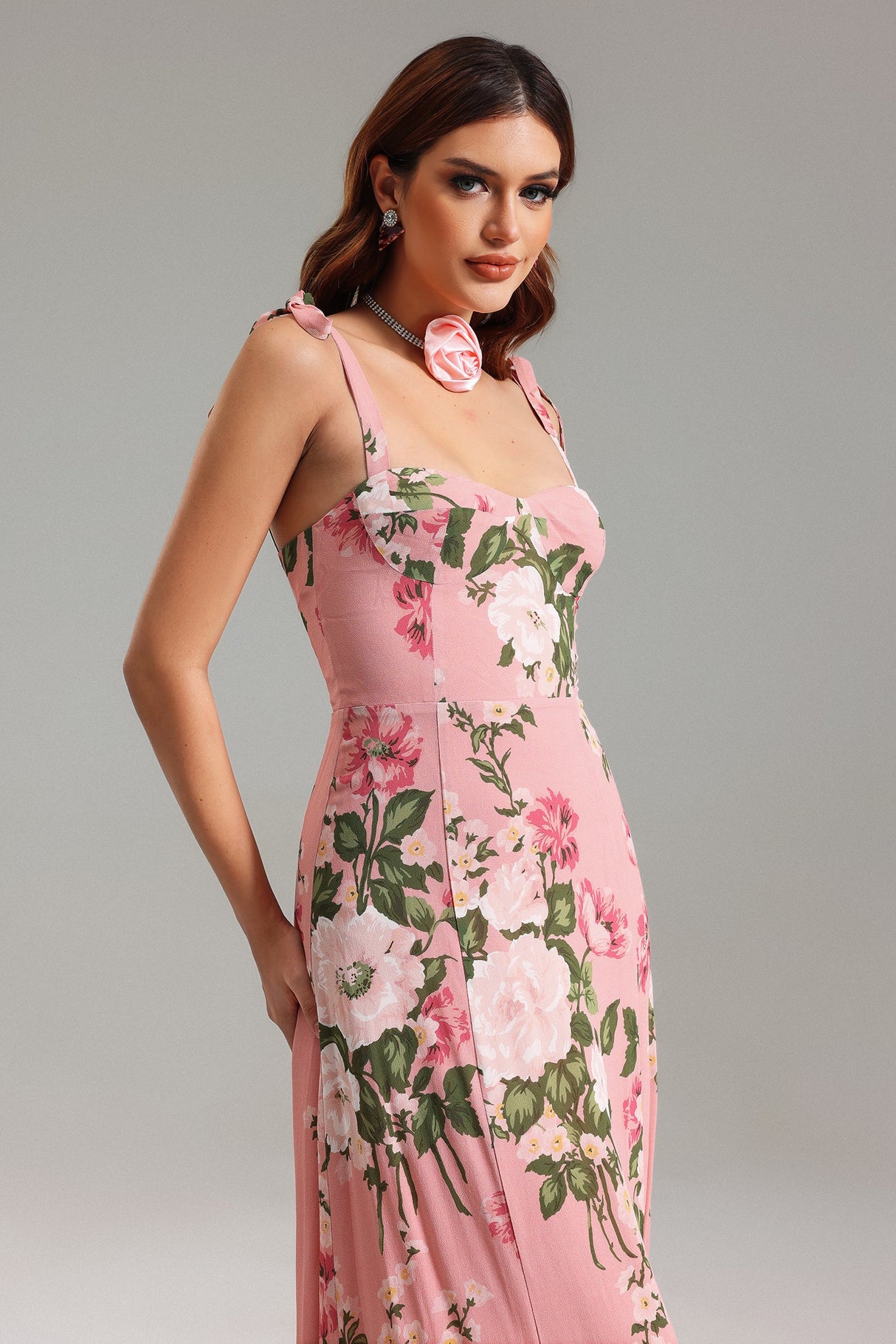 Reagan Pink Floral Midi Dress with Bows and Flowy Silhouette for Special Occasions