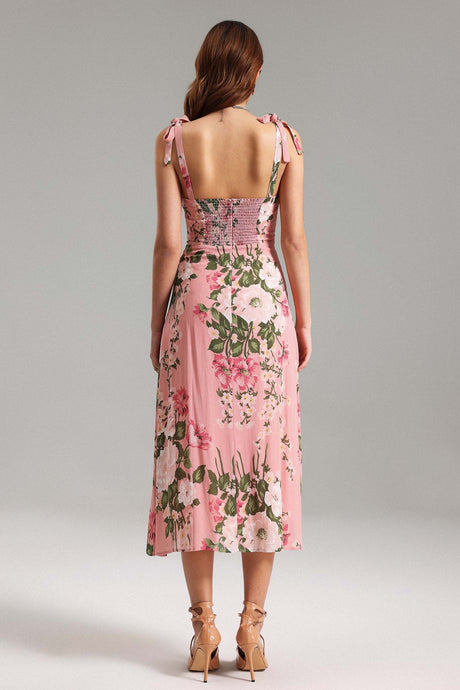Reagan Pink Floral Printed Midi Dress with Bows and Flattering Neckline