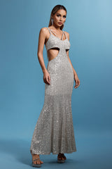 Reagan Silver Sequin Maxi Dress V-Neck Hollow Out Waist Evening Formal Glamorous Party Statement Piece