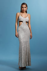 Reagan Silver Sequin V-Neck Maxi Dress
